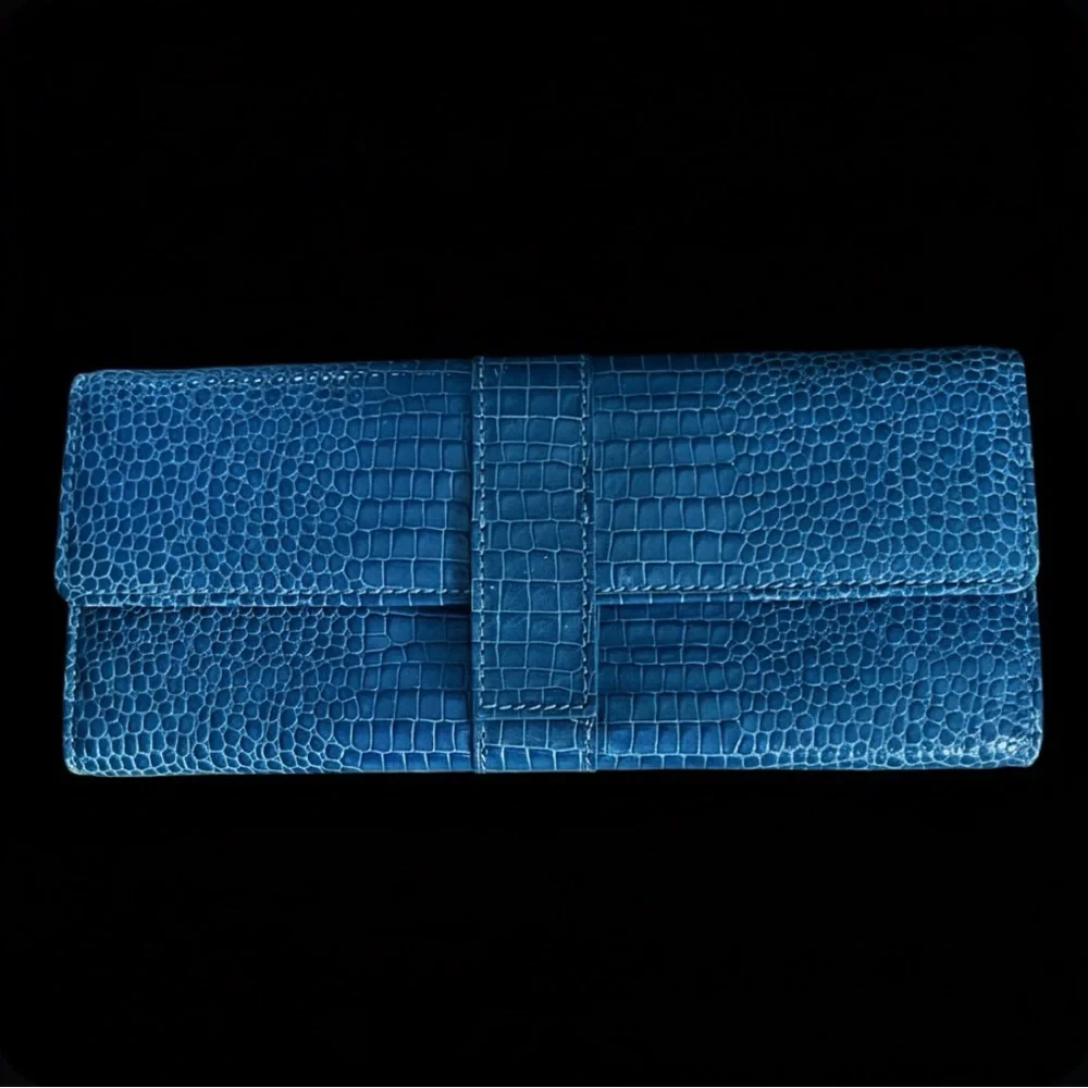 Smythson Turquoise Croc Embossed Jewelry Roll Travel Pouch Case Folio Clutch - Picture 2 of 10